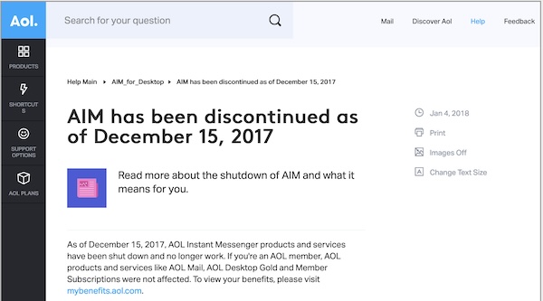 A screenshot of AOL announcing they are shutting down AIM.