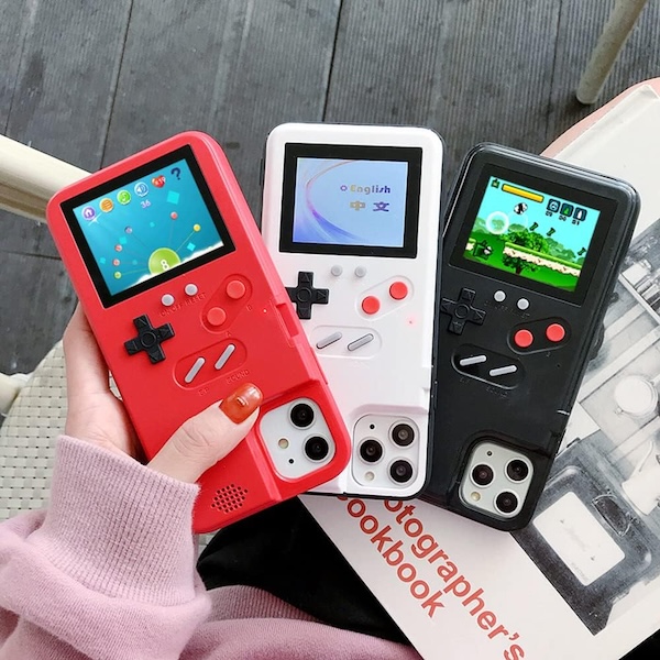 A picture of an iPhone case that allows you to play Gameboy games on the back of the case.