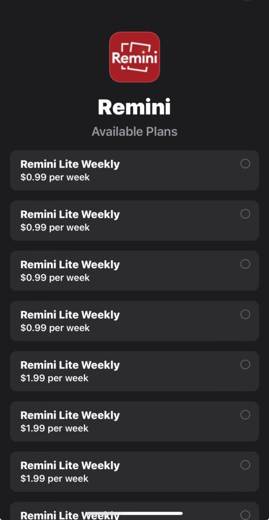 A screenshot of the iOS subscription options for the iOS app Remini