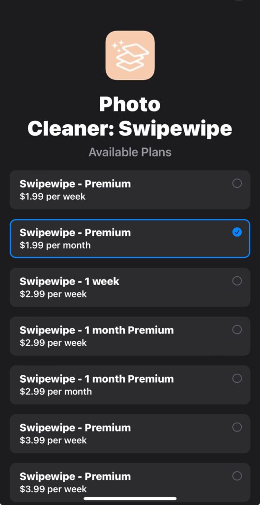 A screenshot of the iOS subscription options for the iOS app Photo Cleaner: Swipewipe