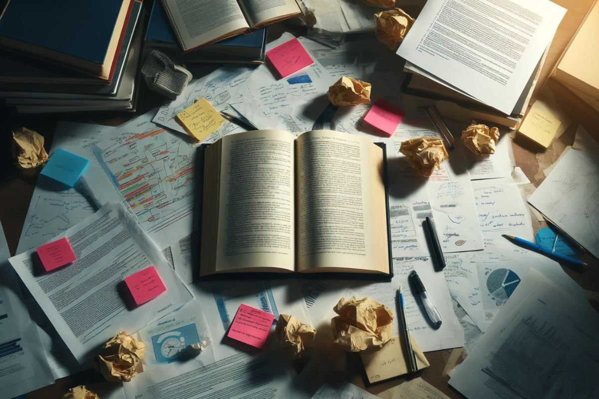 An overhead view of a desk filled with open books, crumpled paper, and highlighted reports, representing deep research and analysis.