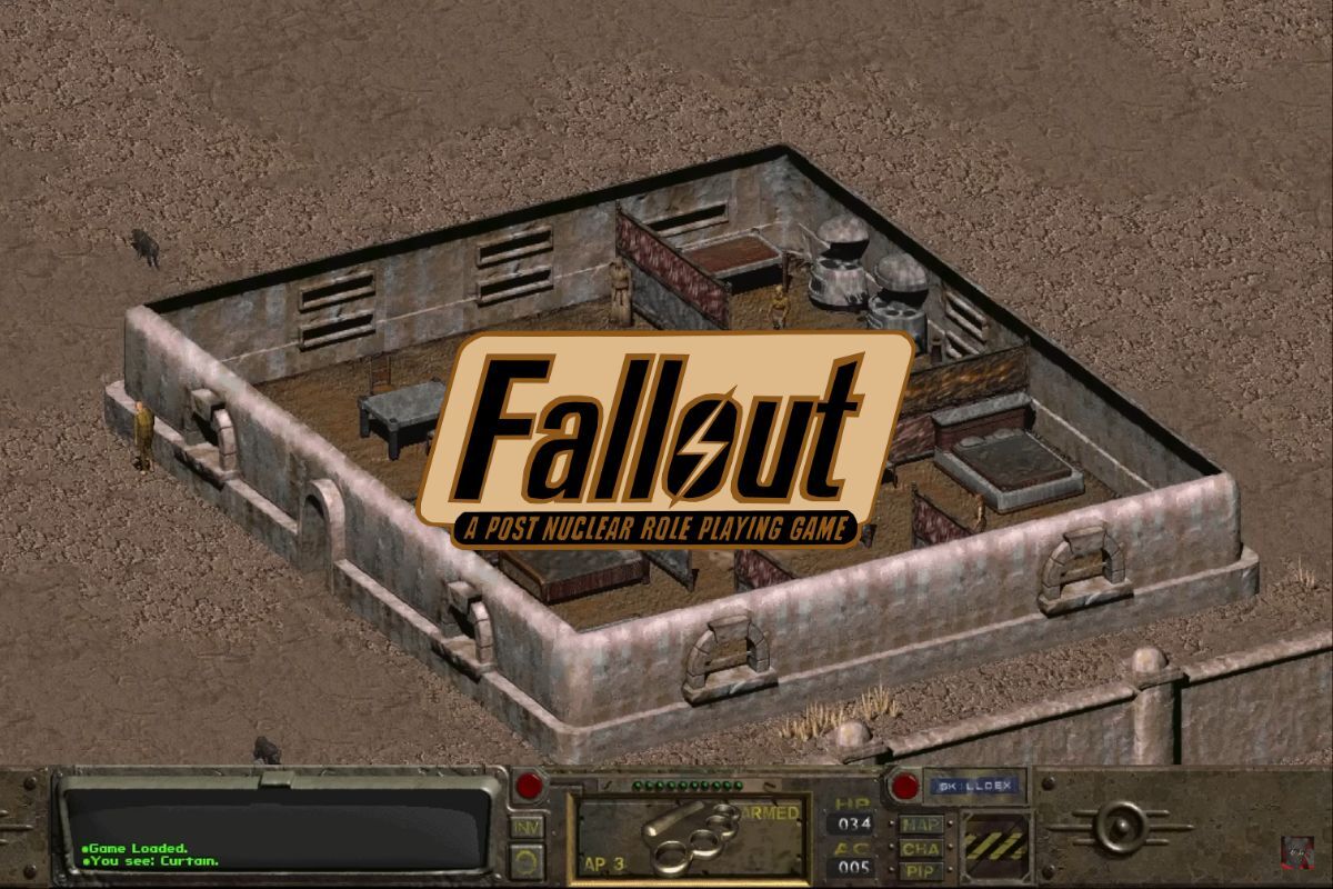 In-game Fallout 1 gameplay with a huge building, with the "Fallout" logo in the middle.