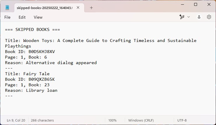 Example of the Defragg Kindle Downloader's skipped books log