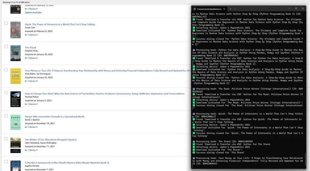 Screenshot of the console output next to the Kindle library page