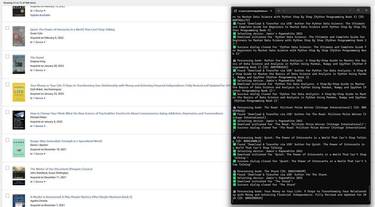 Screenshot of the console output next to the Kindle library page