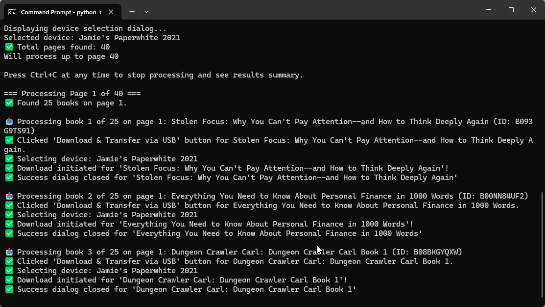 Video showing the downloader's console output as it processes books