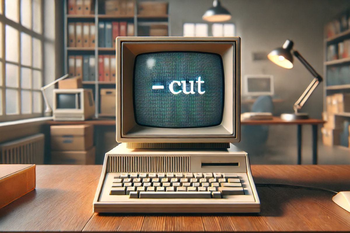 An old computer with a mouse and keyboard in a well-lit office room.