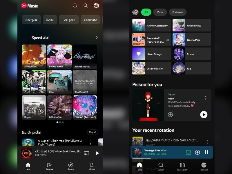 YouTube app opened (first part); Spotify app opened (second part).