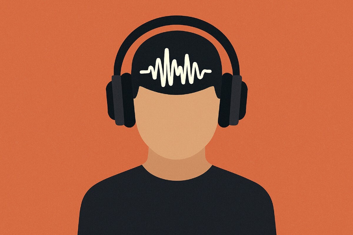 Minimalist drawing of a person from the chest up. They're wearing headphones with an audio waveform on their head.